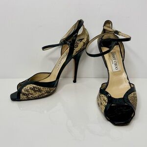 Jimmy Choo Black/Cream Snakeskin Patent Leather Ankle Strap Sandals